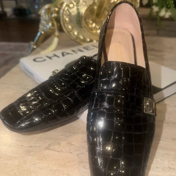 Kate Spade Black Croc-Embossed Loafers with Gold Detail - Picture 2 of 6
